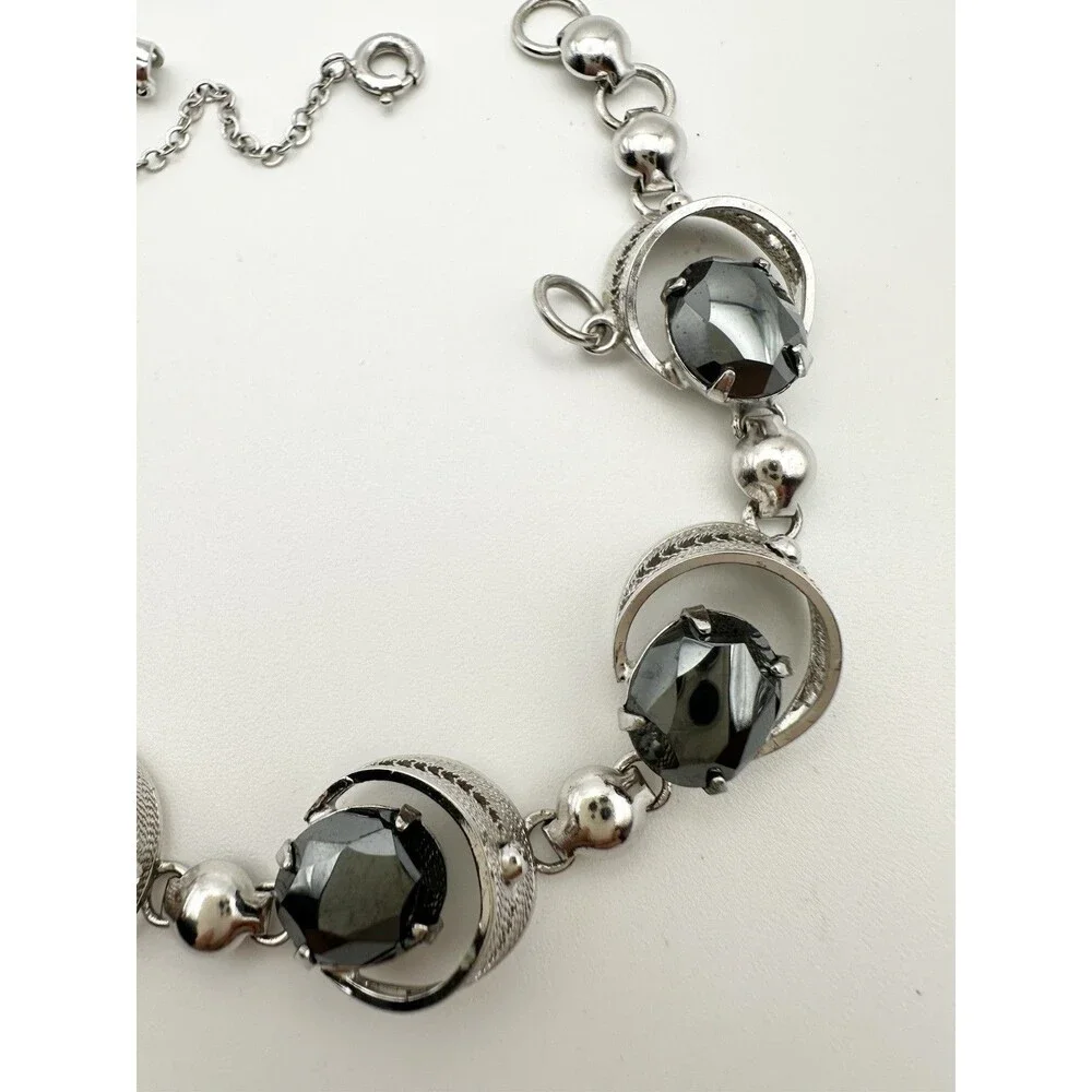 Vintage Sorrento Sterling Silver Rhodium Plated Hematite Bracelet 7.25”